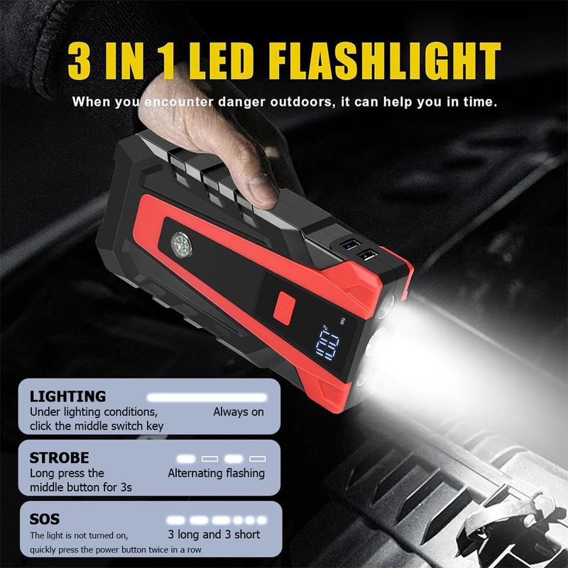 Battery Jumper for Car, Car Emergency Start Power Bank with LED Flashlight, Portable Car Jump Starter with Type C & USB Output, Multifunctional Car Battery Repair Tool