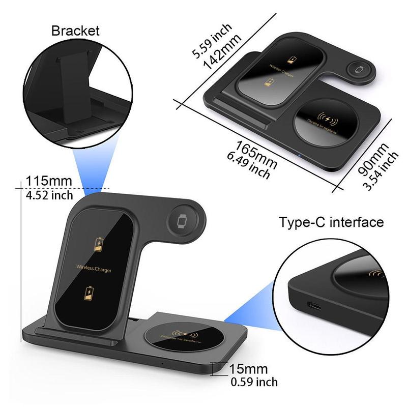 FDGAO Foldable 3 in 1 Charger Station, 15W Fast Wireless Charger Stand, for iPhone 16 15 14 13 12 11 Pro Max, iWatch Ultra 10 9 8 SE 7 6 5 4 3 2, Airpods Pro 3 2