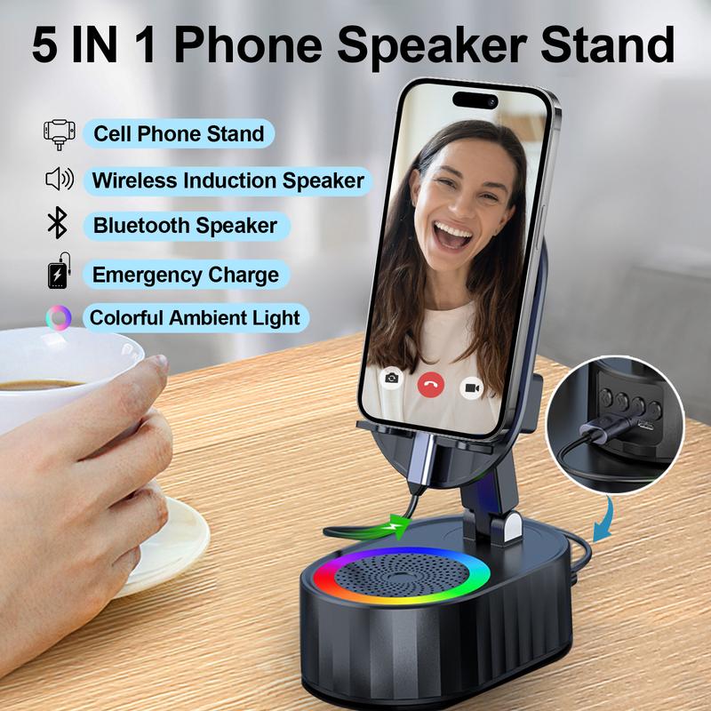 AKLLCCR Wireless Induction Audio Bluetooth Speaker 5in1 Phone Holder Emergency Rechargeable (3000mAh) Portable Power Tablet Stand With Colorful Ambient Light 300° Foldable for iPhone Android Non-Slip Base, Unique Cool Gadget Tech Gifts For friend, family