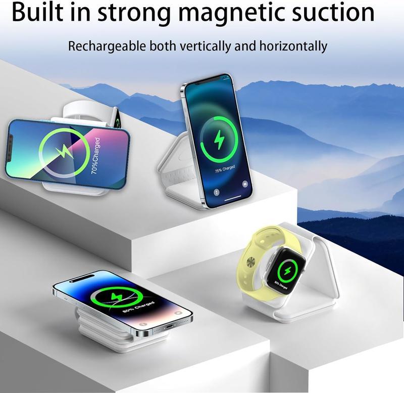 Style 3 in 1 Wireless Charger for iPhone, Magnetic Foldable 3 in 1 Charging Station, Travel Charger for Multple Devices for iPhone 15 14 13 12 Series, AirPods Pro,Watch