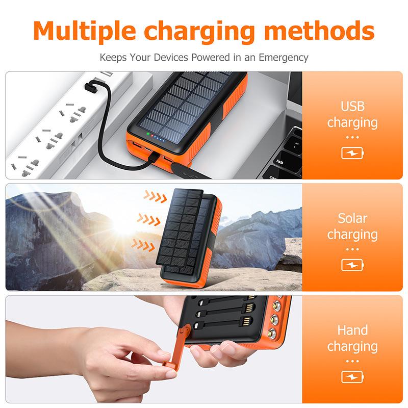 AMAUS-63200mAh Big Solar Power Bank  60% OFF Discount Charger Built in 4 Cables 7 Outputs 15 Watts Fast Charging Power Bank for All Mobile Devices with Dual Flashlights,hand crank charge Smartphone，airports bluetooth headset mag safe Chargeable