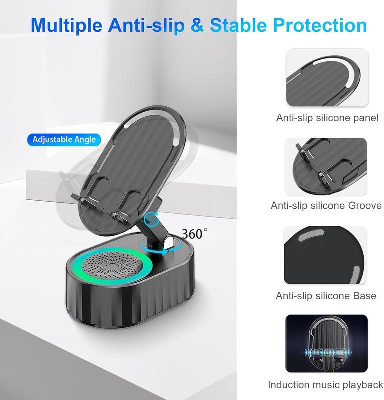 AKLLCCR Wireless Induction Audio Bluetooth Speaker 5in1 Phone Holder Emergency Rechargeable (3000mAh) Portable Power Tablet Stand With Colorful Ambient Light 300° Foldable for iPhone Android Non-Slip Base, Unique Cool Gadget Tech Gifts For friend, family