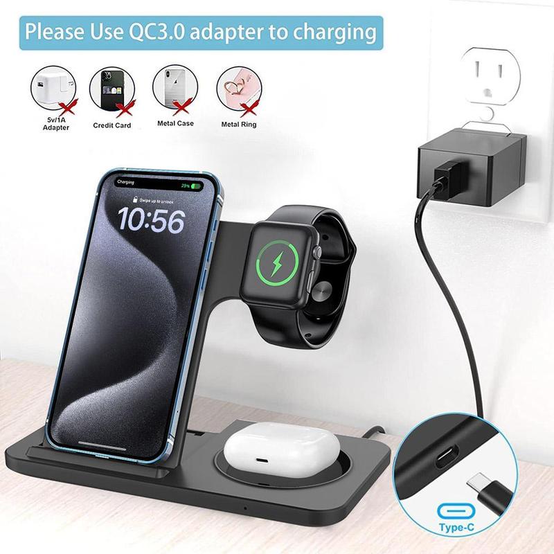 FDGAO Foldable 3 in 1 Charger Station, 15W Fast Wireless Charger Stand, for iPhone 16 15 14 13 12 11 Pro Max, iWatch Ultra 10 9 8 SE 7 6 5 4 3 2, Airpods Pro 3 2