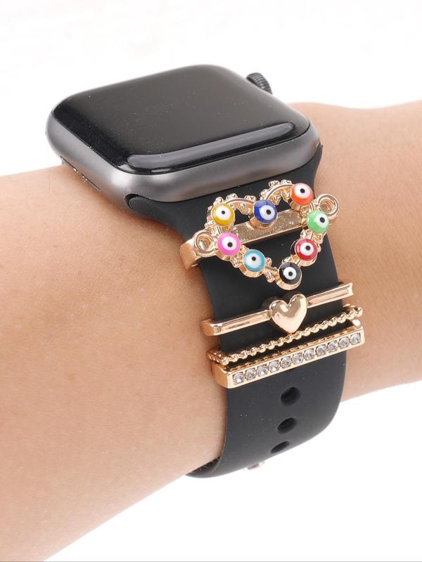 Fashionable Rhinestone Decor Watch Band Decorations, Cute Eye Pattern Heart Design Watch Band Charm, Compatible with Apple Galaxy Huawei Watch Band, Watch Accessories for Women & Girls